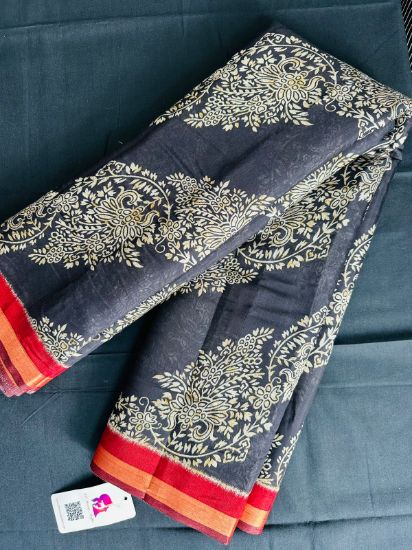 Picture of Elegant Maheshwari Ajrakh Print Saree with Golden Floral Motifs & Red Zari Border