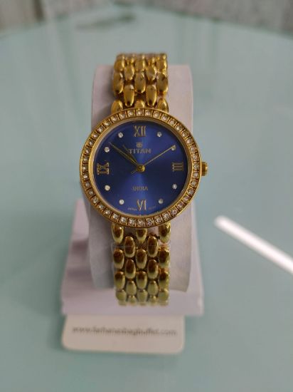 Picture of Gold-Plated Titan Women's Watch with Blue Dial and Crystal Embellishments